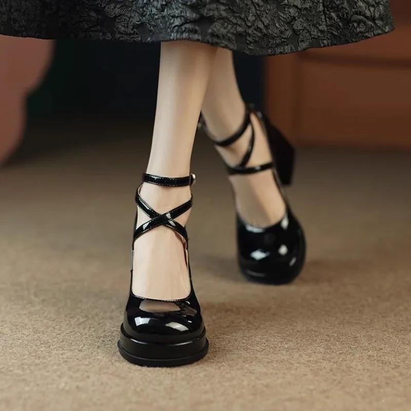 Fashion 2024 Women's Mary Jane Shoes for Women Super High Heels Double Buckle Lolita Shoes Pumps Elegant Ladies Patent Leather Wed Shoes