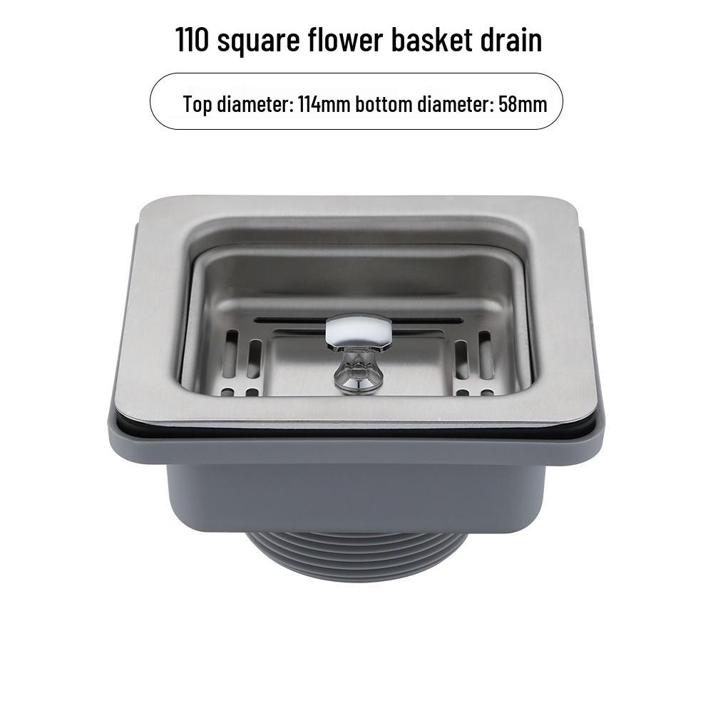 304 Stainless Steel Square Flower Basket Sink Drain Pipe Fittings - Single/Double Bowl, Removable.