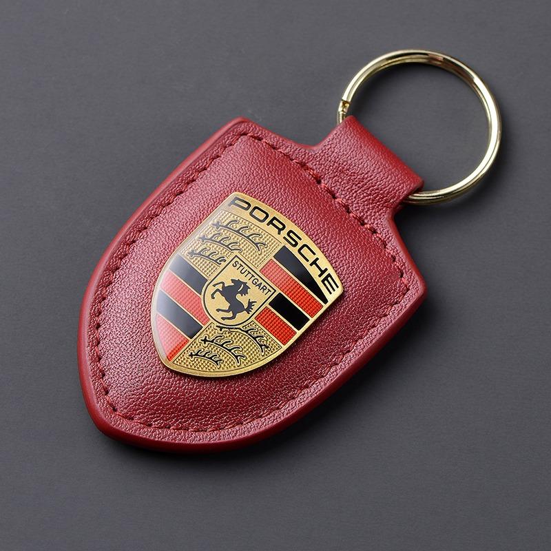 AAOY1 For Porsche 911 718 Cayenne Cayman Panamera Macan Taycan Boxster Car Keychain Key Holder Shield Leather Key Rings Men Women Gift