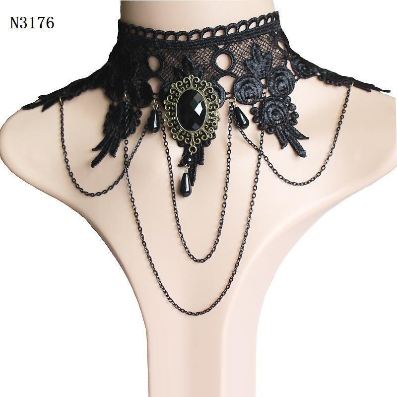Хэллоуин Женщины Девушка Ретро Готический Панк Стиль Ожерелье Браслеты Черное Кружево Шеи Цепи Воротник Заявление Колье Викторианский Стимпанк Ювелирные Изделия