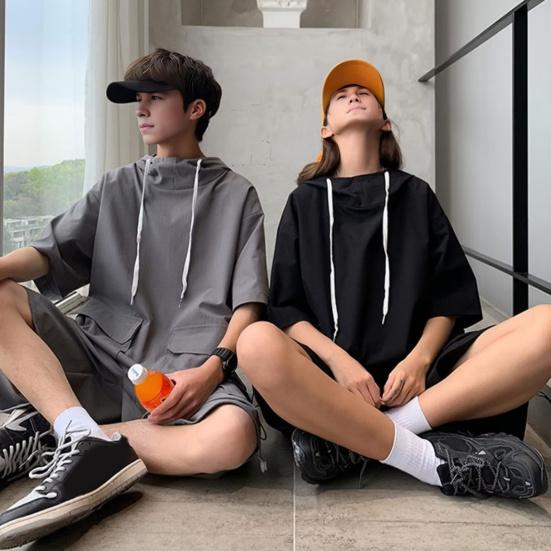 2 шт./компл. повседневный наряд унисекс, футболка с капюшоном и короткими рукавами, эластичный шнурок на талии, широкие шорты, комплект, однотонный свободный крой, наряд