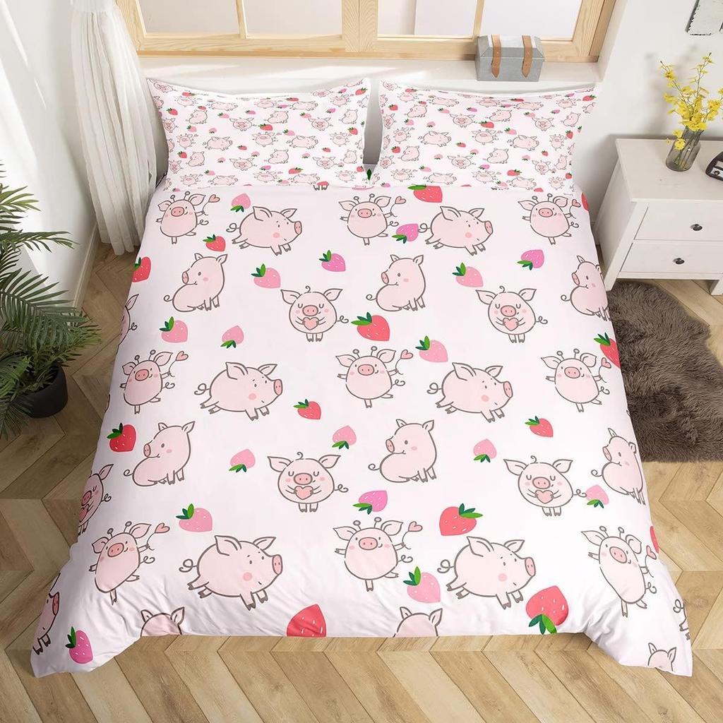 Pink Pig Duvet Cover For Girls Kawaii Room Decor Twin, Rose Floral Leaves Comforter Cover Cute Farm Animal Cartoon Bedding Set