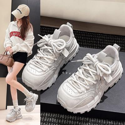 2025 осень новая корейская версия ins ретро полированная кожа папины кроссовки на толстой подошве с круглым носком на шнуровке удобные универсальные кроссовки Форрест Гамп