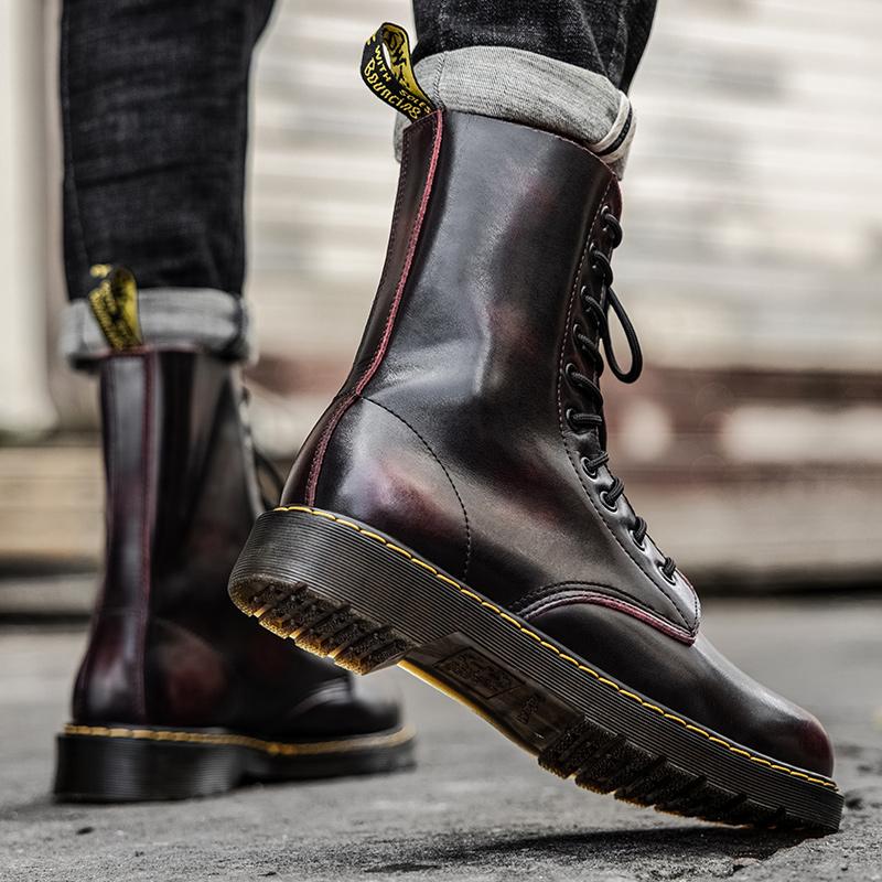 Fashion Men'S Boots Casual Leather Shoes Men Vintage Lace-Up Punk Motocross Boots Male Black Spring Autumn Handmade Footwear