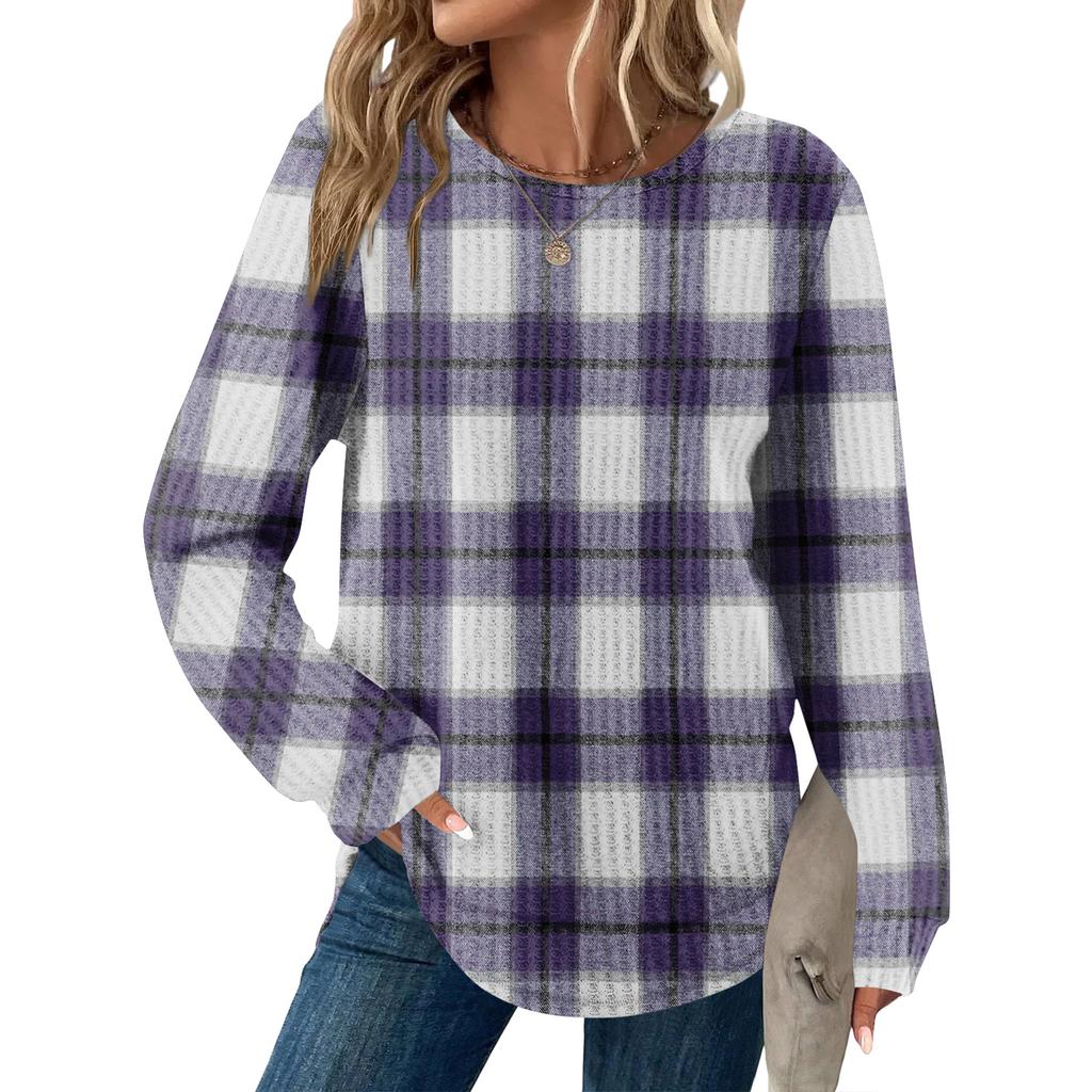 Женский повседневный топ свободного кроя с круглым вырезом и длинными рукавами в клетку