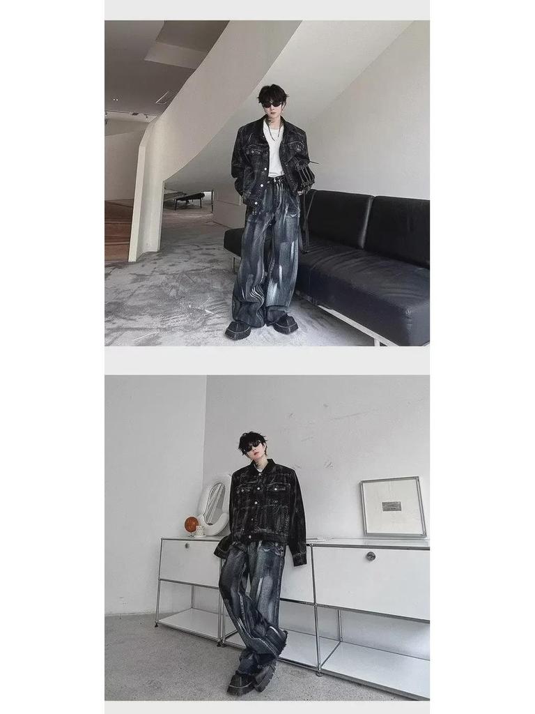 Men's Retro Washed Denim Ink Suit - Trendy Two-Piece Jacket & Trousers Set