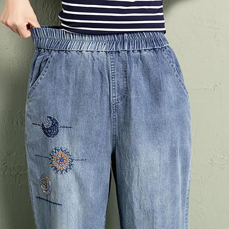Women's High Waist Embroidered Jeans Loose Casual Turnip Pants Plus Size Haren Pants