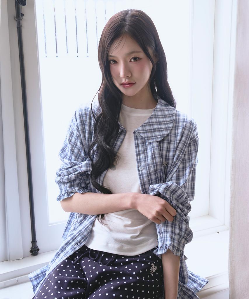 THE GREEN LAB Lovely Collar Check Frill Long Top [Blue]
