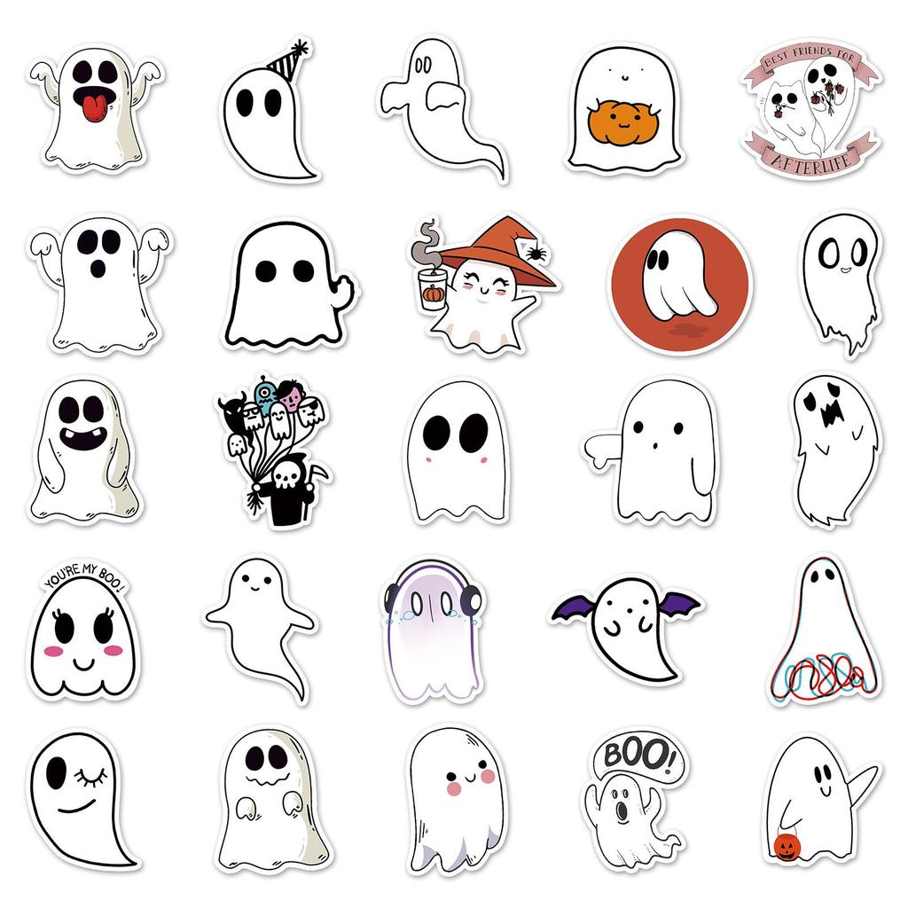 50 Cute Ghost Graffiti Stickers for Halloween Decoration: Perfect for Skateboards, Notebooks, Water Bottles, and Suitcases