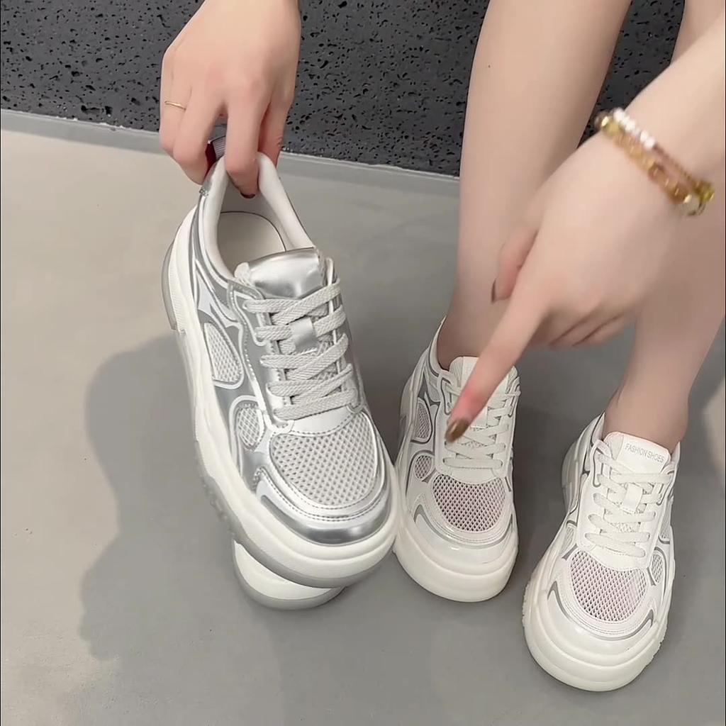 Summer Mesh White Shoes Women Breathable Mesh Chunky Fashion Lace-up Thick Bottom Height Increasing Casual Trainers Size 35-40