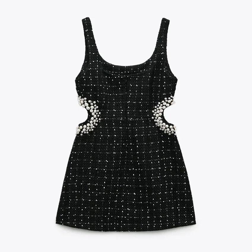 Осенне-зимнее женское платье-халтер с отделкой из искусственного жемчуга и объемным плетением без талии