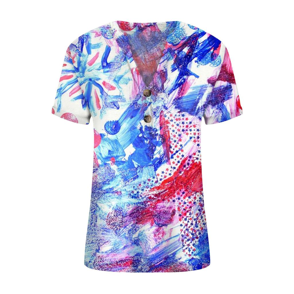 Fashion Womens Loose Summer Plain V Neck Button Button Short Sleeve Casual Tops