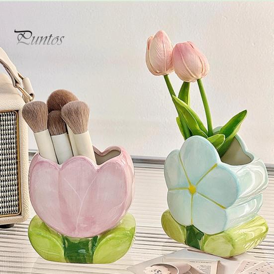 Ceramic Flower Pen Holder Handmade Tulip Cosmetic Storage Box Makeup Brush Organizer Flower Pencil Holder for Home Office Desk