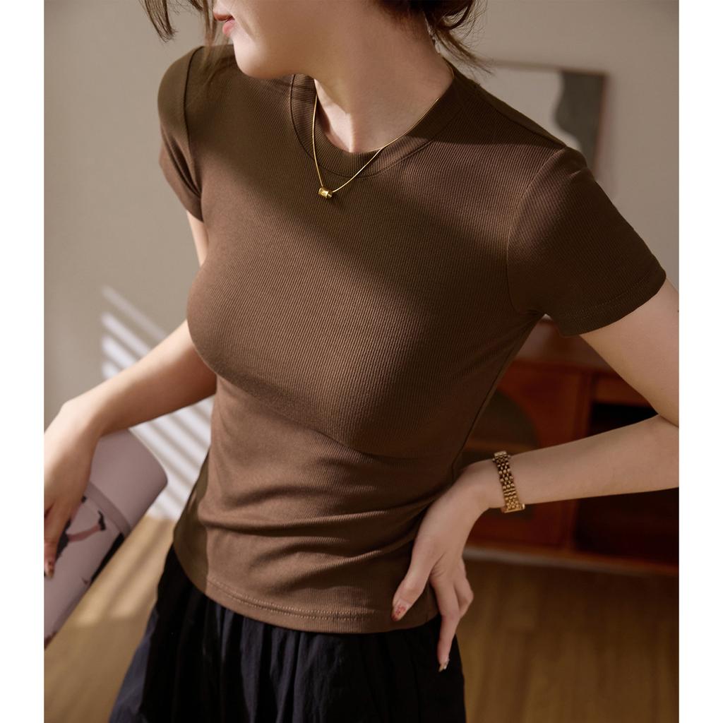 Women's Summer Hundred Slim Round Neck High Stretch Cotton Tight Short Sleeve T-Shirt