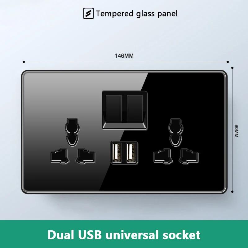 UK 13A Wall Socket with Type-C 18W Fast Charging Plug Socket,Glass Panel Power Double Universal Outlet with Quick USB C Charge
