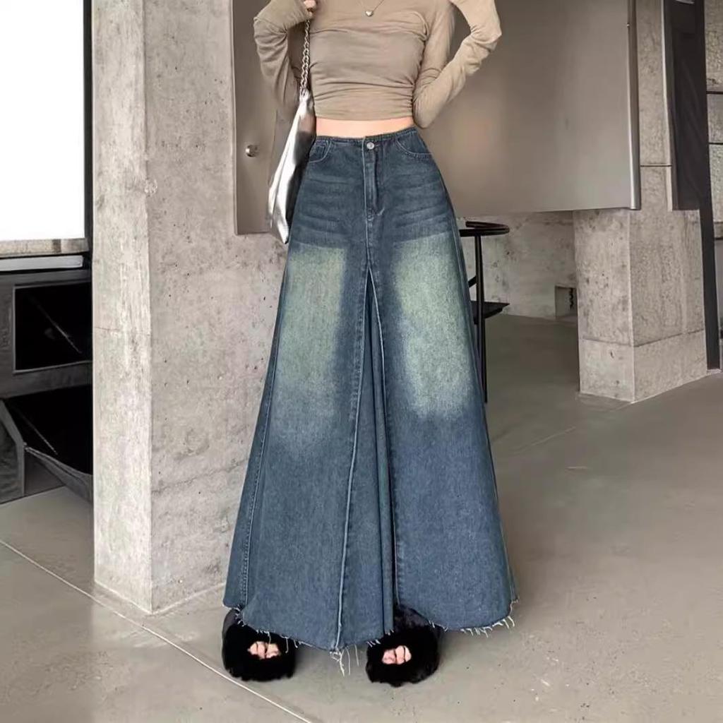 2025 Новая длинная джинсовая юбка А-силуэта с высокой талией для женщин - Ретро-стирка и облегающий крой