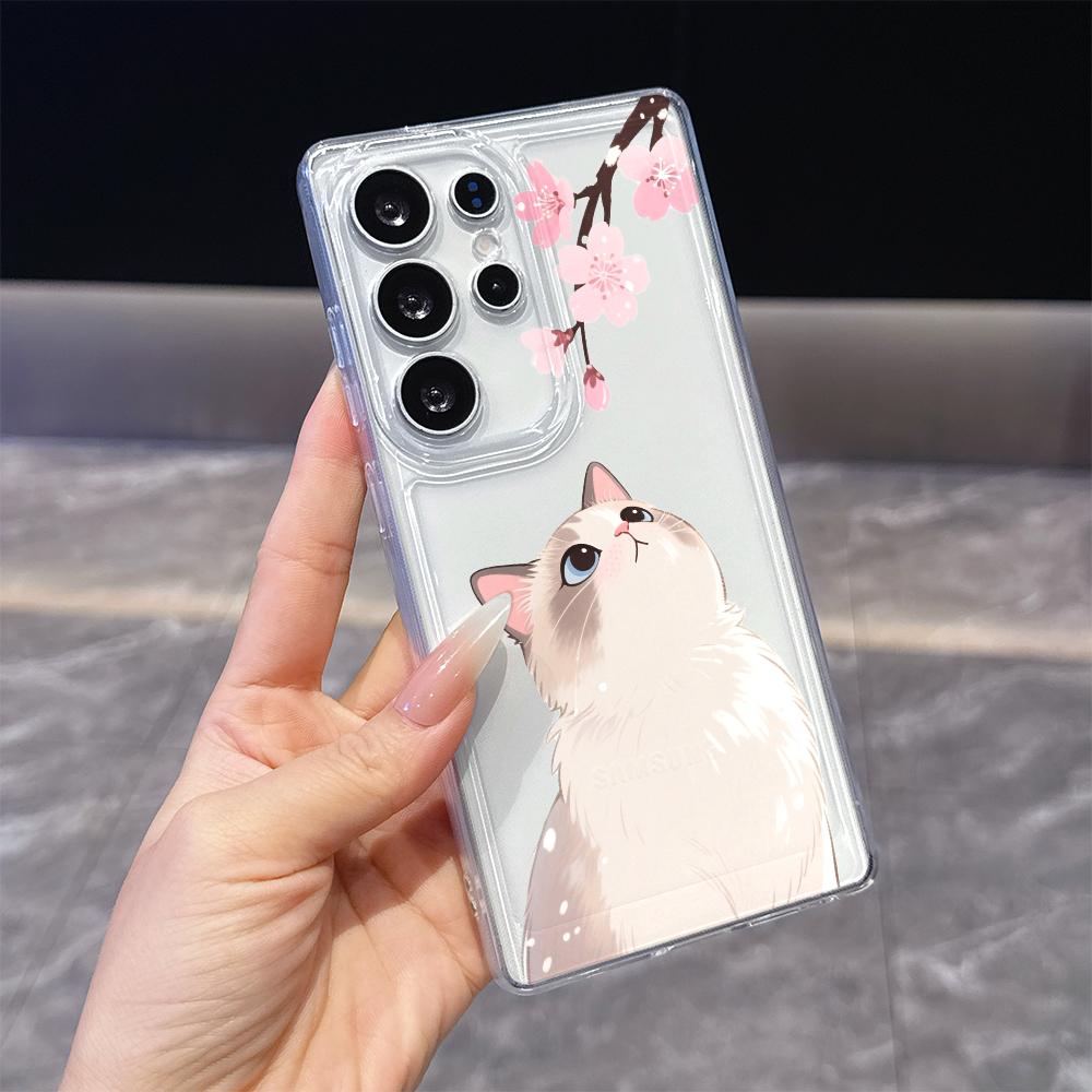 Милый кот и цветущая вишня Чехол для телефона Samsung Galaxy S26 S25 S24 S23 S22 S21 S20 FE Plus Прозрачный ТПУ Защитный чехол