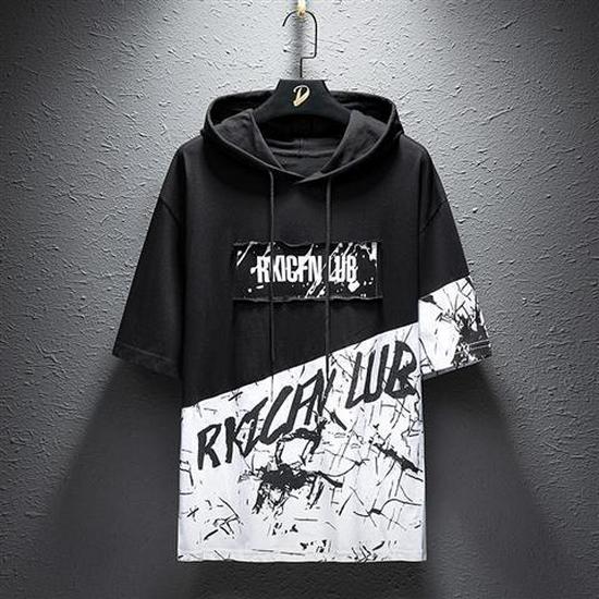 Мужская модная летняя футболка с капюшоном - свободный крой, короткие рукава