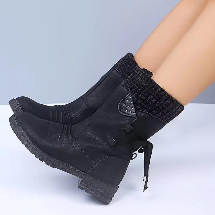 Women's Fashionable Boots Oversized Mid Length Women's Boots Comfortable Low Heel Boots Square Heel Round Toe Casual Boots