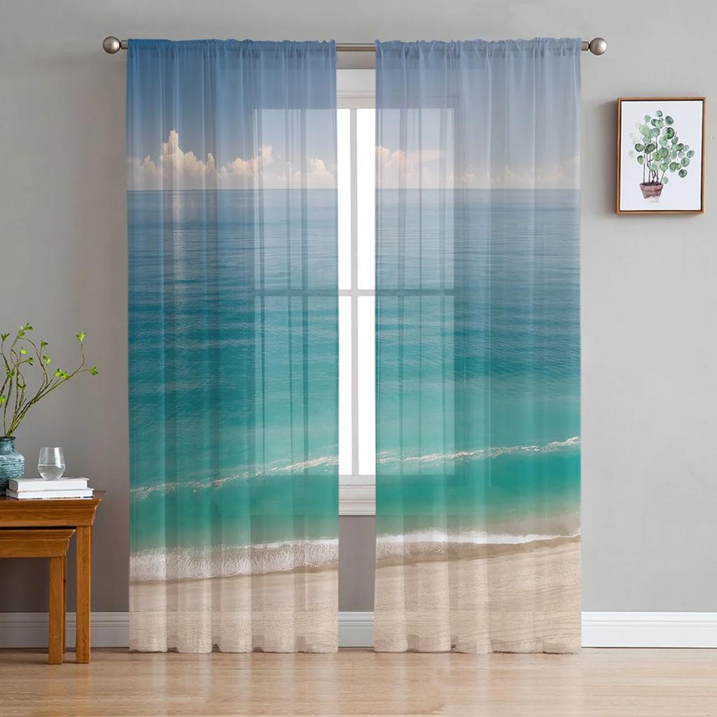 Sand Beach Waves Palm Trees Sheer Curtains for Living Room Decoration Tulle Voile Organza Window Curtains for Kitchen Bedroom