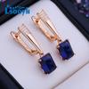 LSOOYH серьги-клипсы цвета розового золота, модные серьги для женщин, синий кубический цирконий, полые обручи, длинные серьги-капли, ювелирные изделия