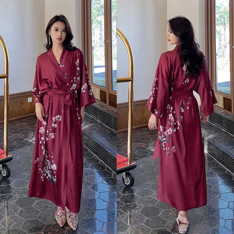 Плюс Размер Женская Весна Лето Прохладная Домашняя Одежда Атласная Пижама Халат С Длинным Рукавом Модный Печатный Длинный Халат