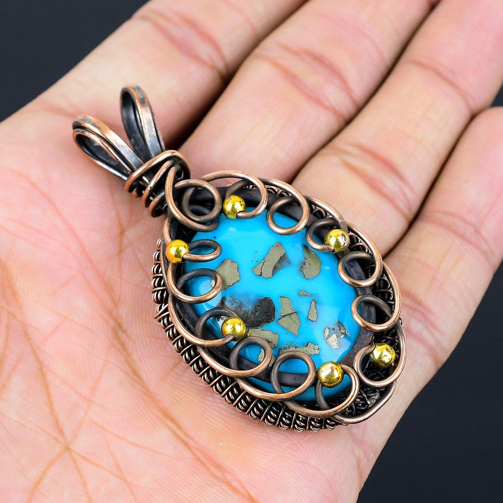 Иранский бирюзовый драгоценный камень из чистой медной проволоки, обернутый ювелирным кулоном ручной работы