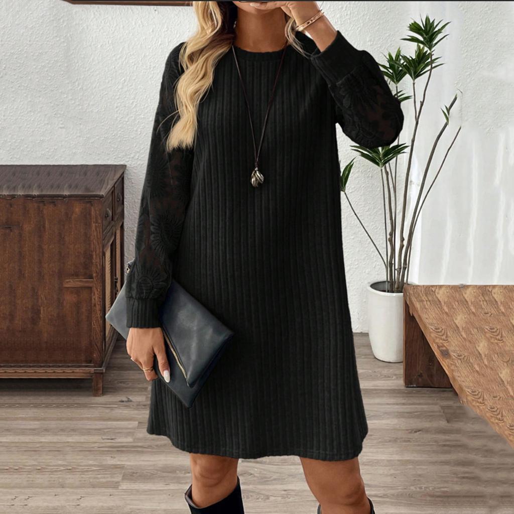 Женское модное повседневное платье с круглым вырезом, рубчатое, со шнуровкой, пуловер, с длинным рукавом