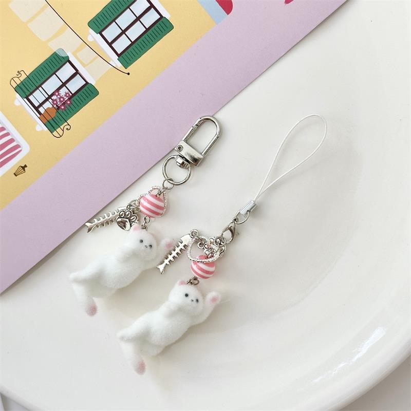 Cute Flocking Cat Phone Lanyard Strap Kitten Keychain Pendant Anti Lost Phone Chain Bag Ornament Cell Phone Love Fish Charm Gift