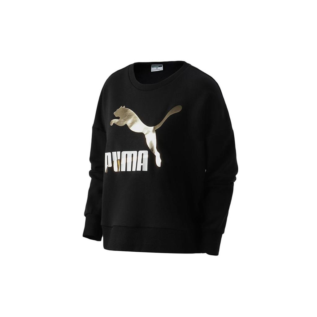 Puma Contrast Color Logo Crew Neck Sweatshirt Women Tops Black 531382-51