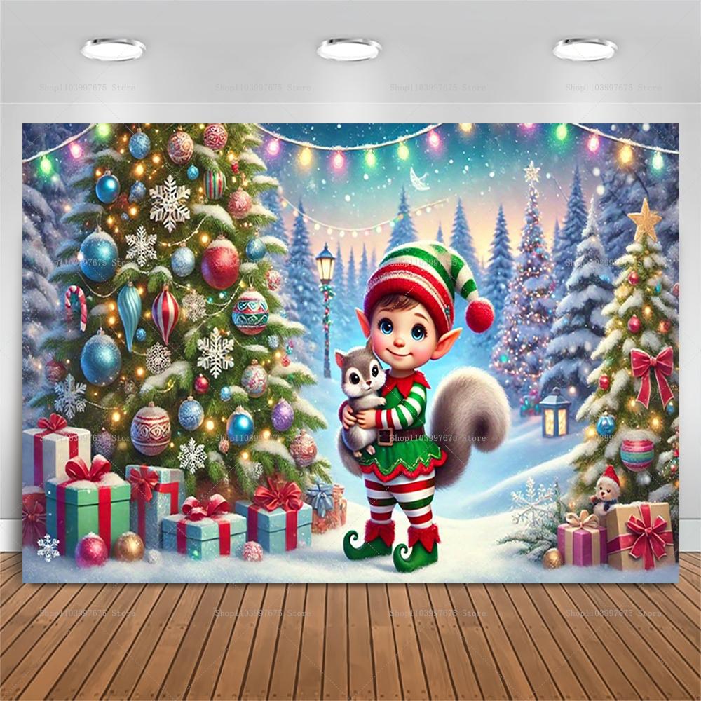 Cute Christmas elf scene, snowy Christmas decorations, children's birthday party decorations, photography backdrop, banner, photo stand props5328