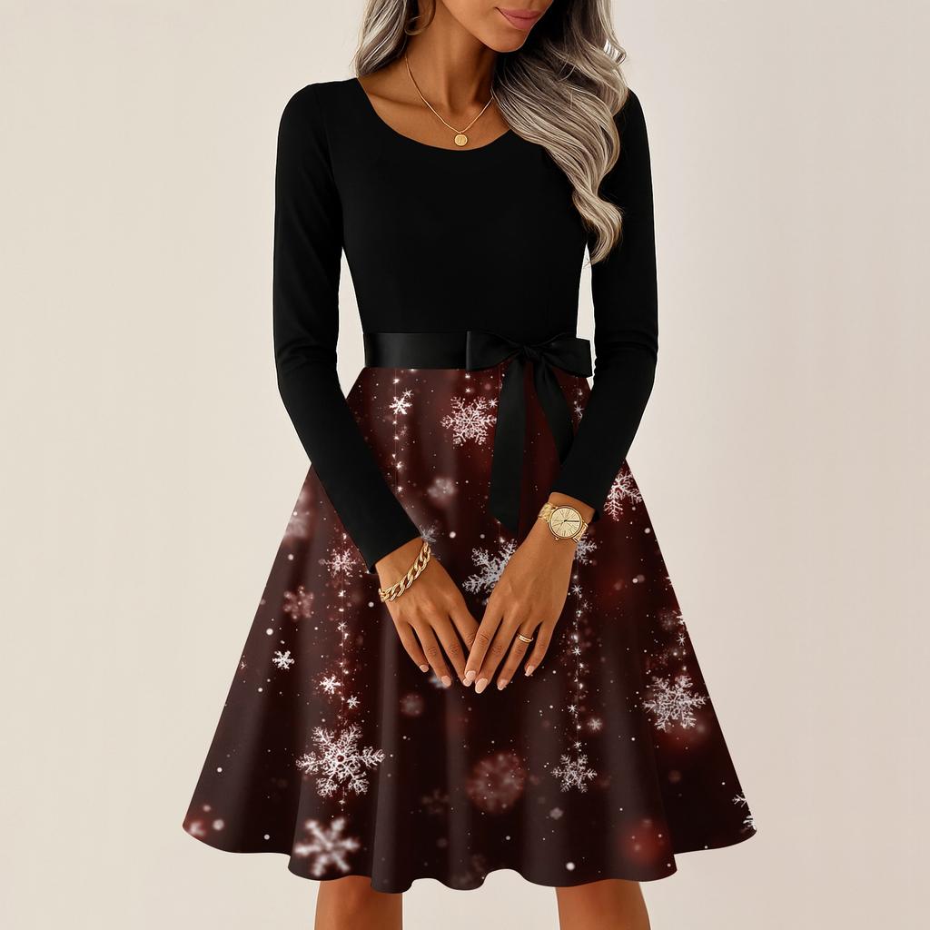 Women's Casual Fashion Round Neck Long Sleeve Christmas Printed Party Vintage Long Dresses
