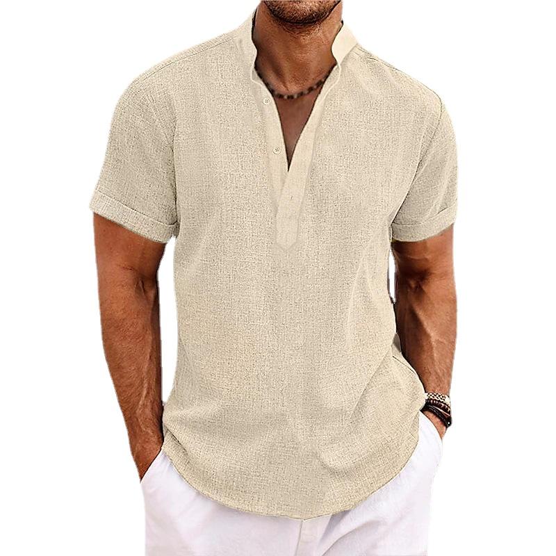 Men's Linen Shirts Short Sleeve Button Up Neck Stand Collar Casual Summer Home Daily Shirts