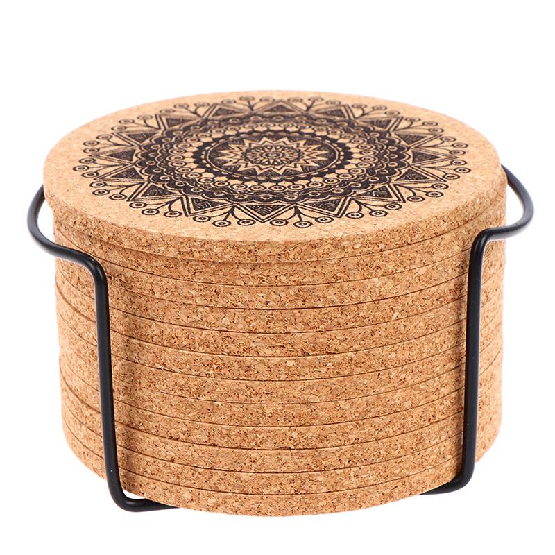 12Pcs Mandala Design Round Shape Wooden Coasters With Rack Round Cork Coaster