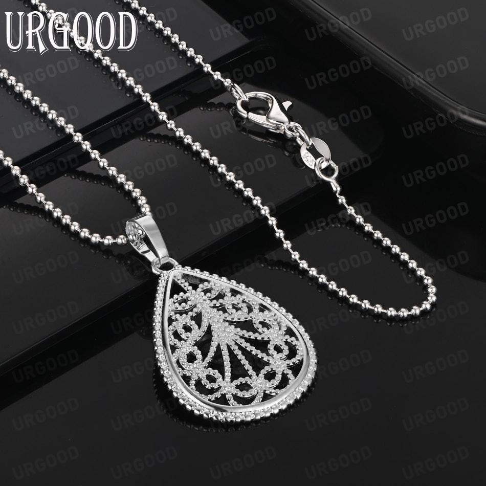 Серебряный кулон-ожерелье 925 пробы, винтажный, с ажурным резным кулоном в форме слезы - Стильное вечернее украшение