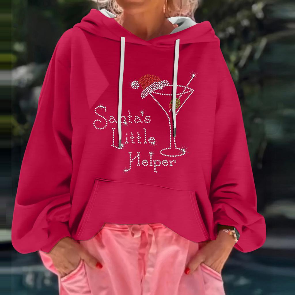 Женский рождественский принт, свободный повседневный худи с длинным рукавом и капюшоном