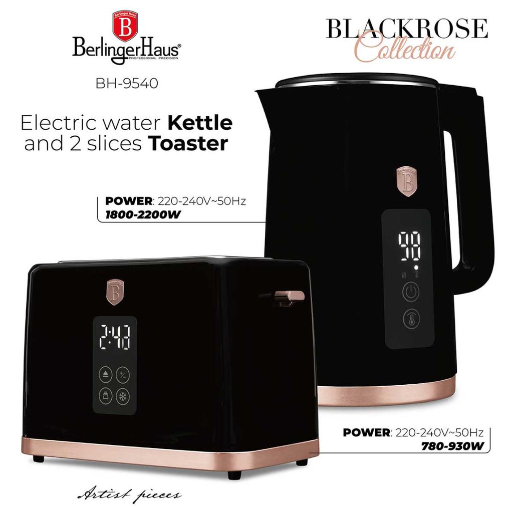 Electric Kettle 1.7L + Digital Toaster Berlinger Haus Bh-9540 Black Rose