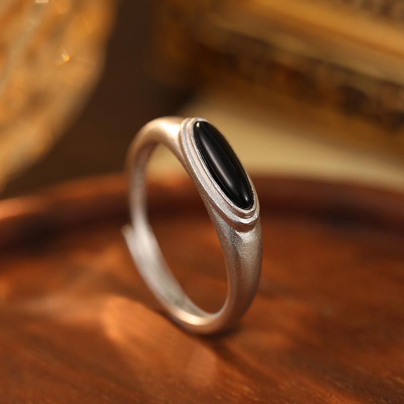 Frosted S925 Silver Ring with Black Agate & White Mother-of-Pearl - European, American, Japanese & Korean Style