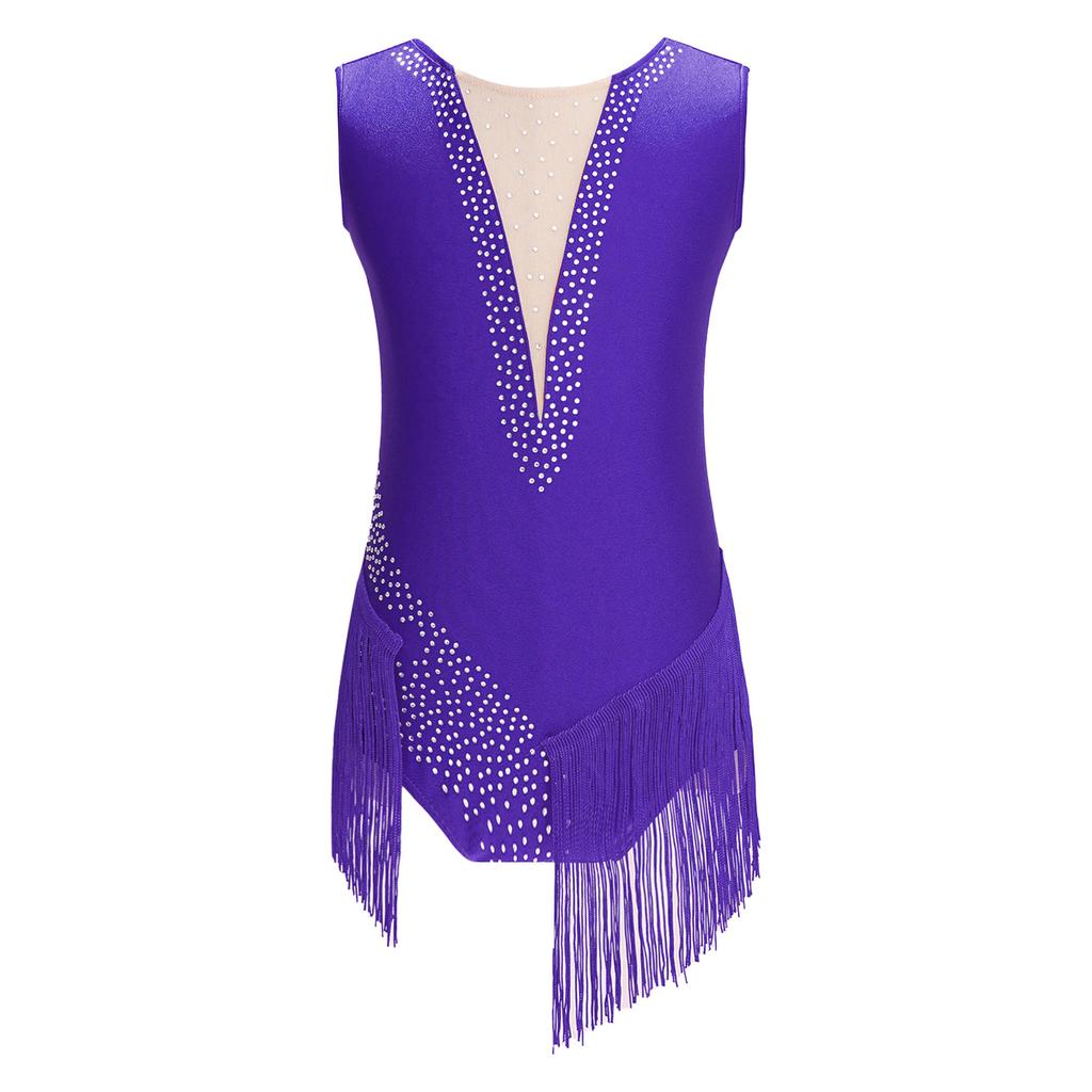 Детский костюм для художественной гимнастики, блестящий купальник с кисточками для танцевальных выступлений