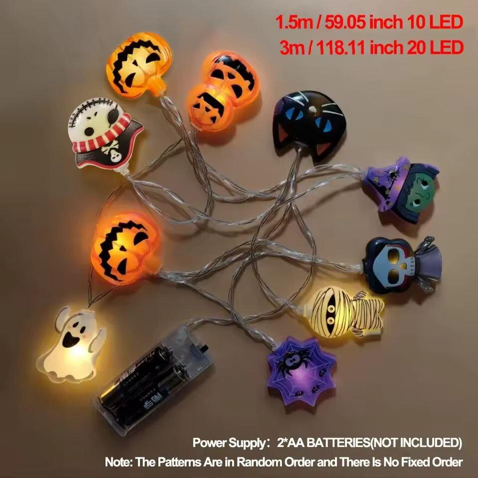 1PC Halloween 8 Elements LED String Lamp Battery Powered Horror Atmosphere Lighting With Ghost Witch Cat Pumpkin Spider Skeleton