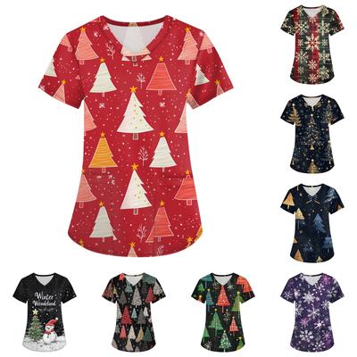 Женская модная футболка с короткими рукавами и v-образным вырезом с принтом, маленькая рабочая футболка с карманами