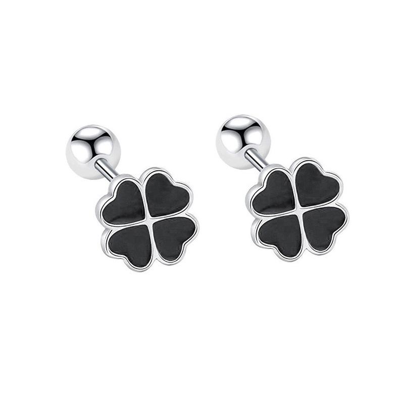 Exquisite Black Heart Four-Leaf Clover Screw Back Earrings with Drip Glue for Women