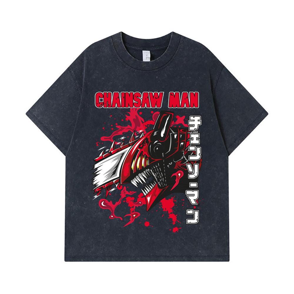 275 GSM Washed T-shirts 100% Cotton Chainsaw Man V47 Denji Print Unisex Heavy Cotton T Shirt