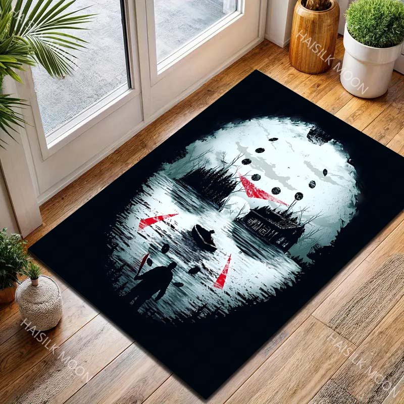 Halloween Themed Horror Mask Man Carpet for Living Room Bedroom Bedside Floor Mat Cloakroom Area Rug Festive Decor Large Size