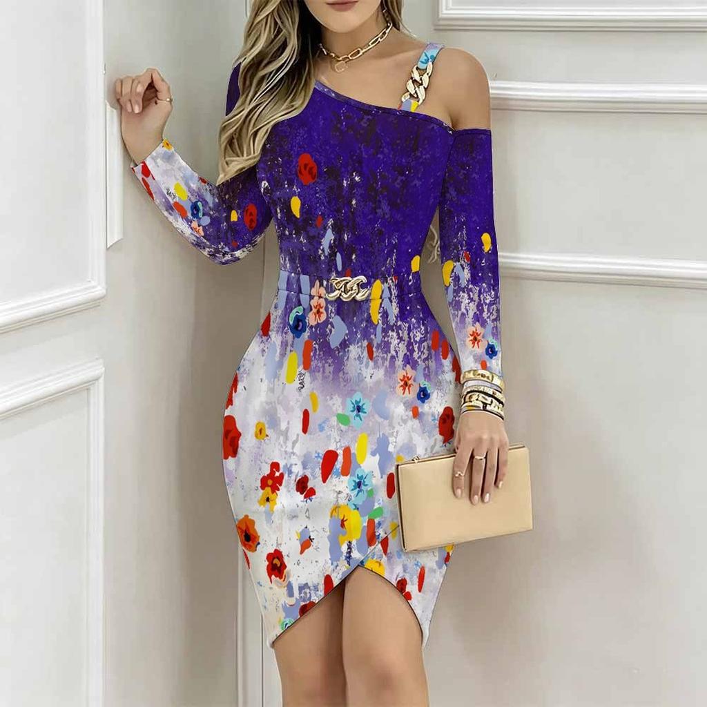 Women Plus Size One Shoulder Off Shoulder Vibrant Watercolor Floral Print Irregular Hem Bodycon Midi Dress