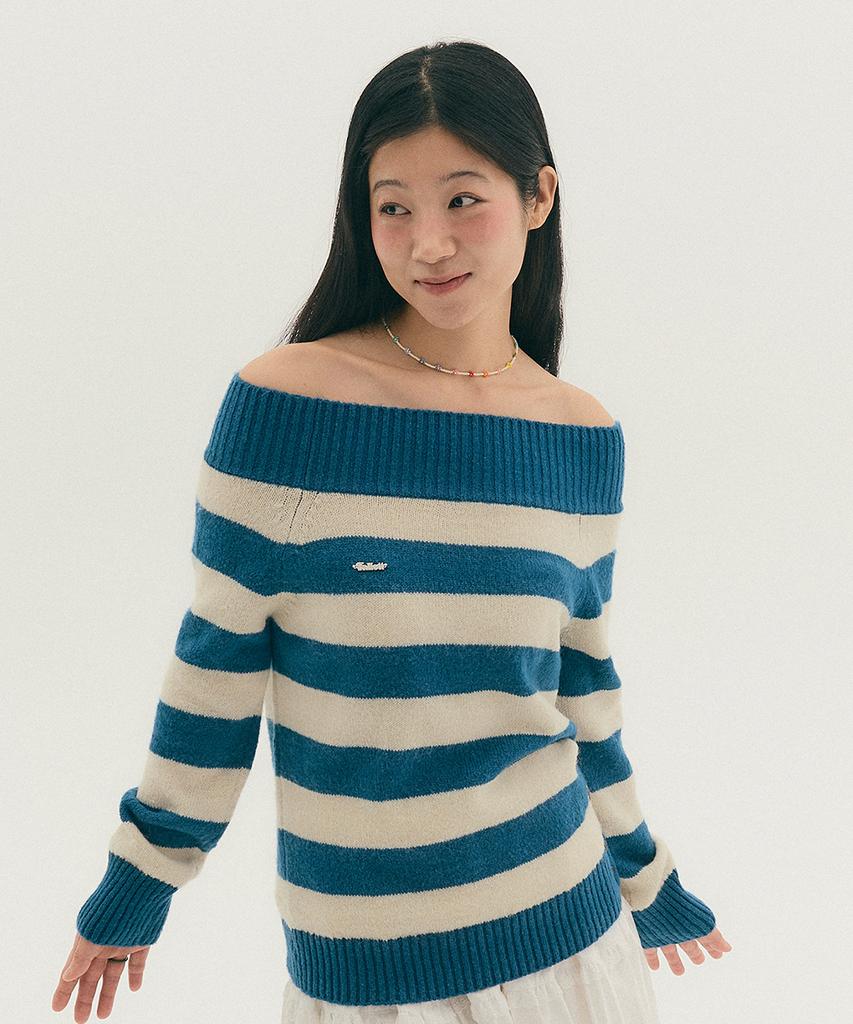 FALLETT Off-Shoulder Striped Knit Blue