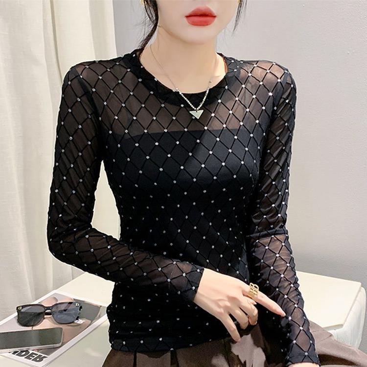 Шикарный сетчатый топ с длинными рукавами, украшенный бусинами и бриллиантовыми акцентами - Стильная, облегающая и дышащая женская осенняя рубашка