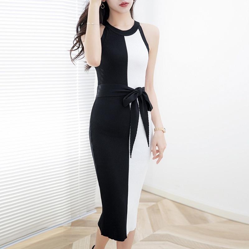 Женские летние жаккардовые вязаные платья с эластичной посадкой, стройнящие, с лоскутным дизайном и завязками