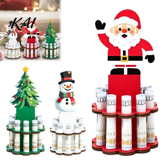 Decorative Ornament for Home Wooden Christmas Money Holder Stand, Santa Snowman Tree Cash Holiday Centerpieces Clip Display, Festive Tabletop