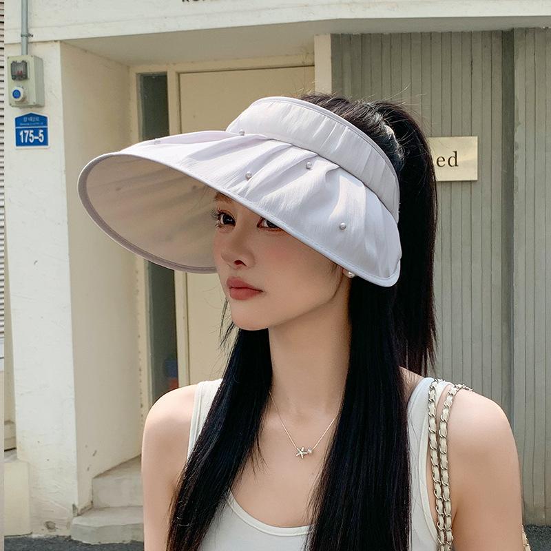 Летняя солнцезащитная шляпа женская для путешествий на открытом воздухе универсальная модная шляпа с открытым верхом жемчужная плиссированная шляпа от солнца с большими полями